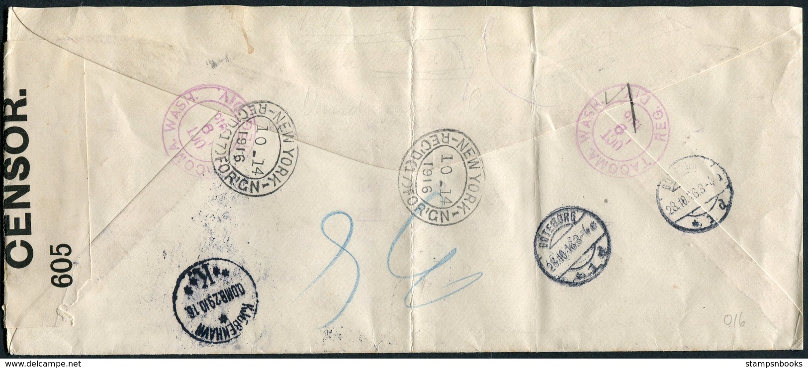 1916 Registered Censor Covers X 2 Tacoma Washington - Copenhagen Denmark (1 Via Goteborg Sweden, 1 Via Bergen Norway) - Covers & Documents