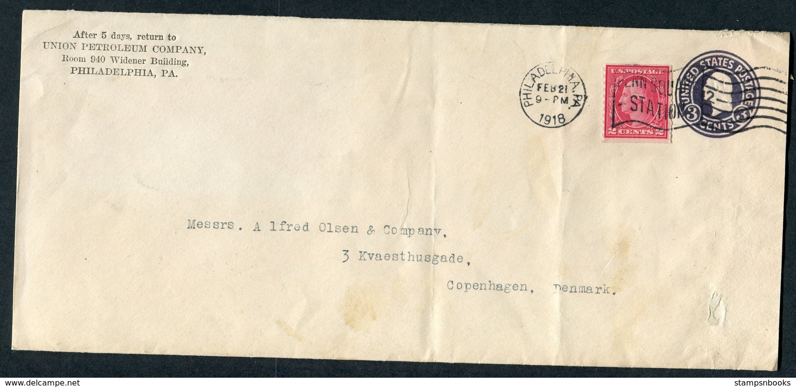 1918 USA United Petroleum Company, Censor Cover. Philadelphia - Copenhagen Denmark - Covers & Documents