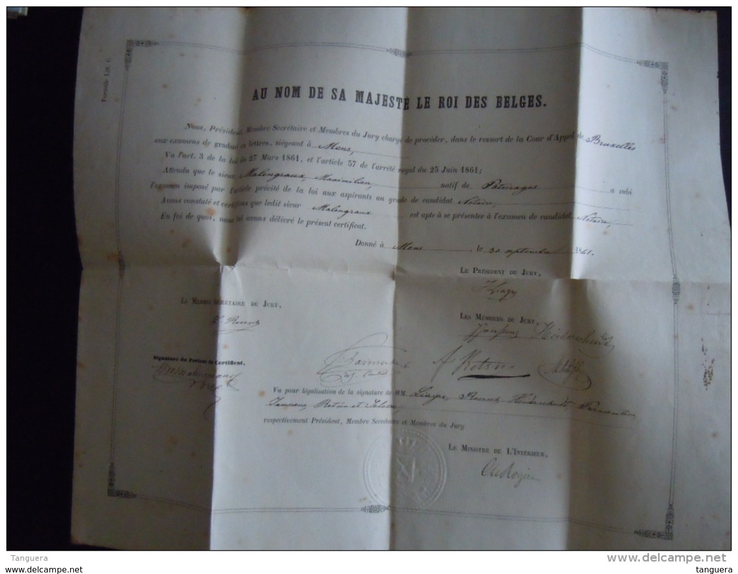 Bruxelles 1861 Certificat Malengraux Maximilien De Paturages Est Apte Se Présenter Examen De Candidat Notaire - Diploma & School Reports