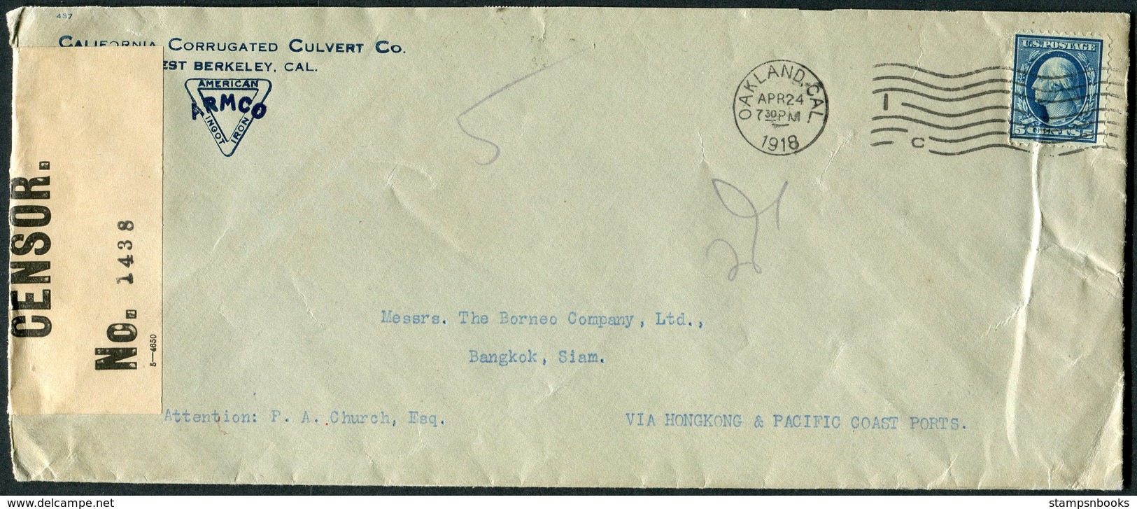 1918 USA California Corrugated Culvert Co. Oakland Censor Cover - Bangkok Thailand Siam - Covers & Documents