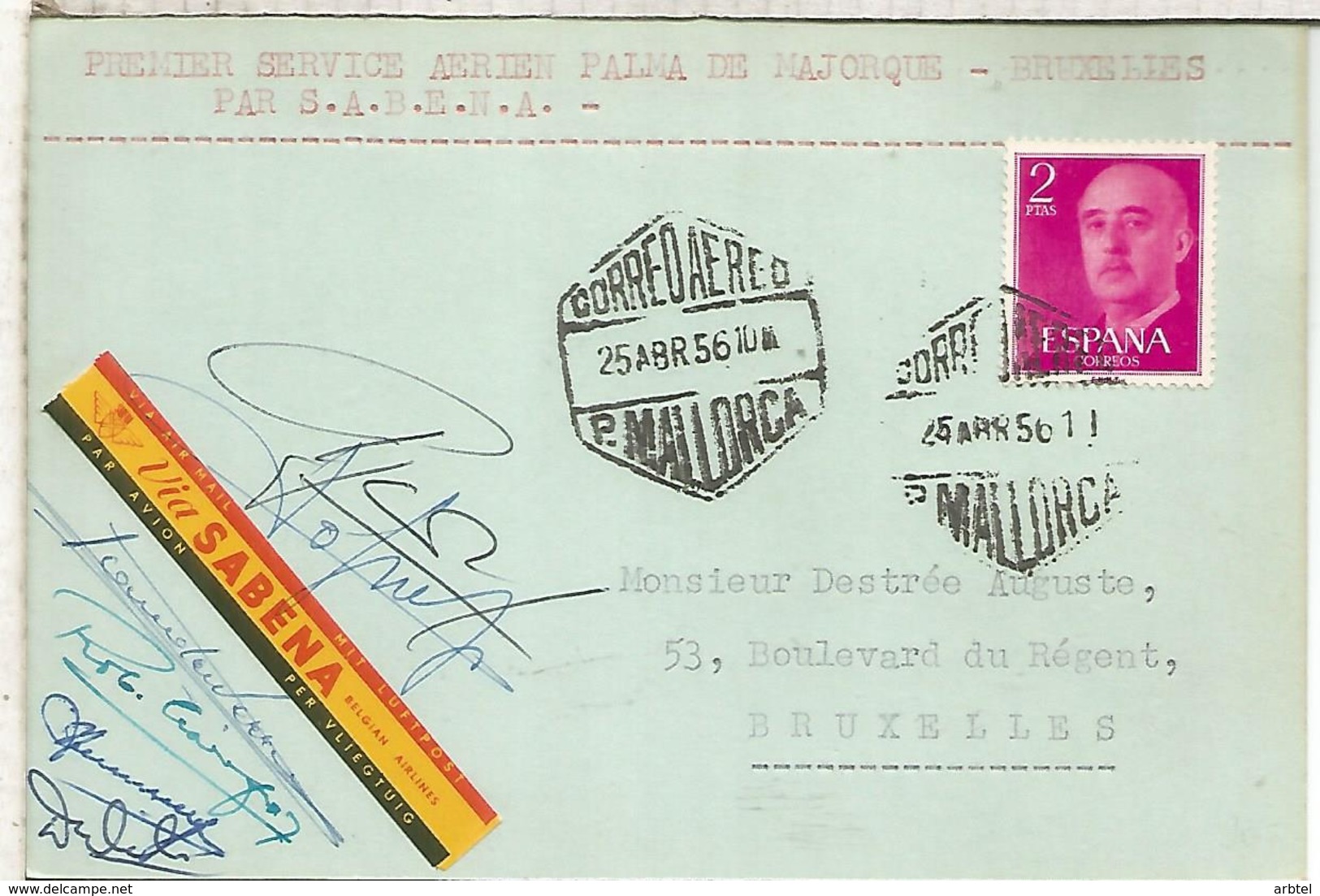 PALMA MALLORCA CC PRIMER VUELO SABENA A BRUSELAS 1956 MAT HEXAGONAL FIRMA TRIPULACION - Covers & Documents