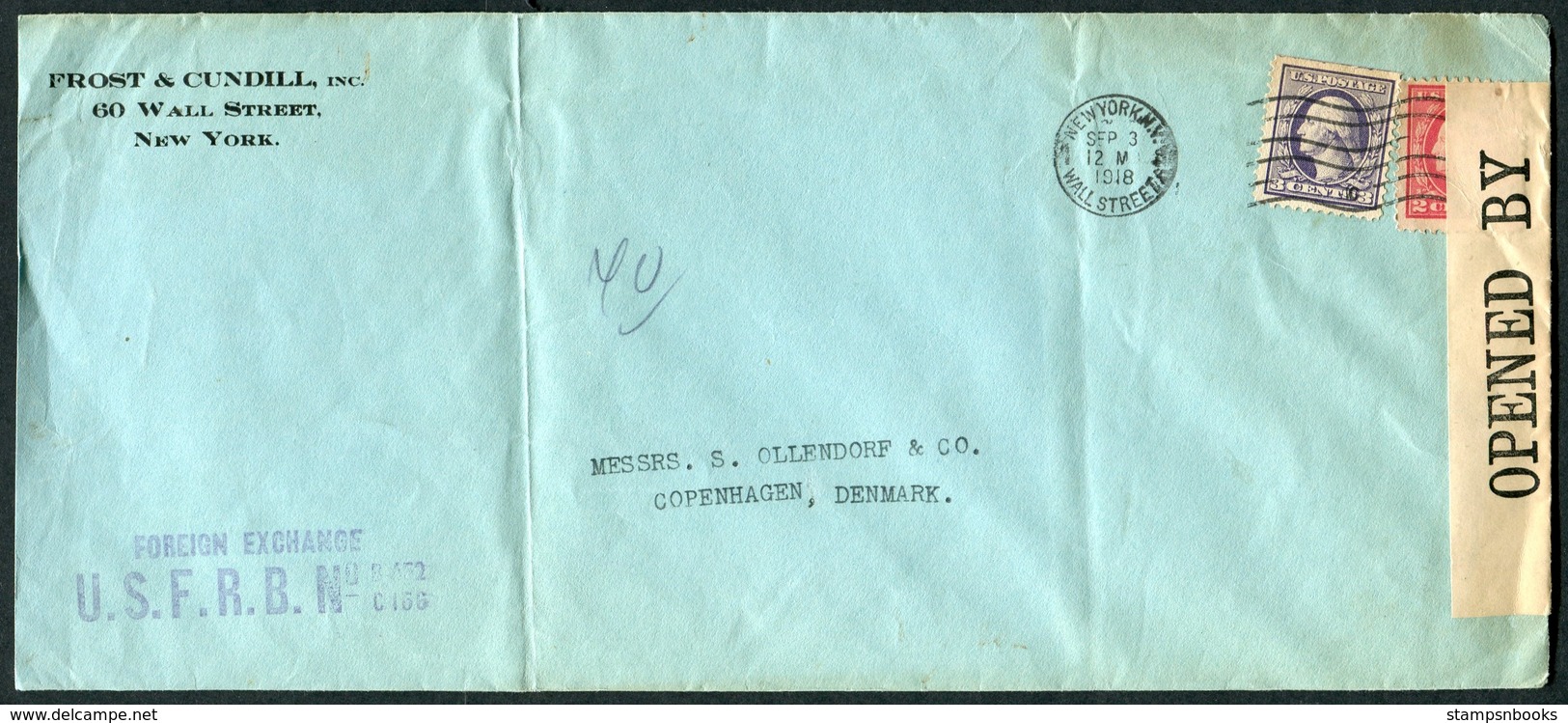 1918 USA Frost & Cundill, Wall Street, New York - Copenhagen Denmark. U.S.F.R.B. Foreign Exchange - Covers & Documents