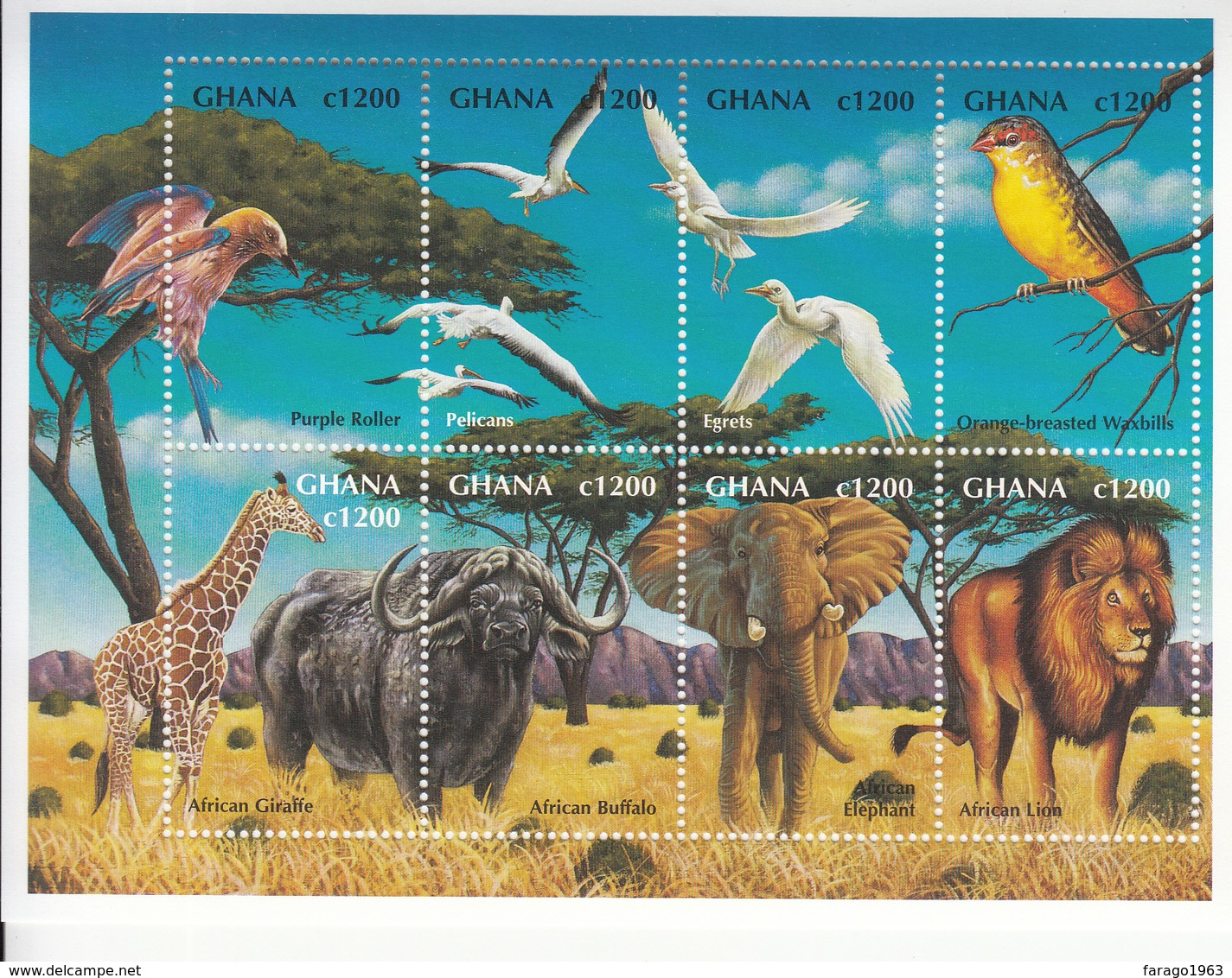 2000 Ghana Wildlife Elephant Lion Giraffe Birds Oiseaux Miniature Sheet Of 8  MNH - Ghana (1957-...)