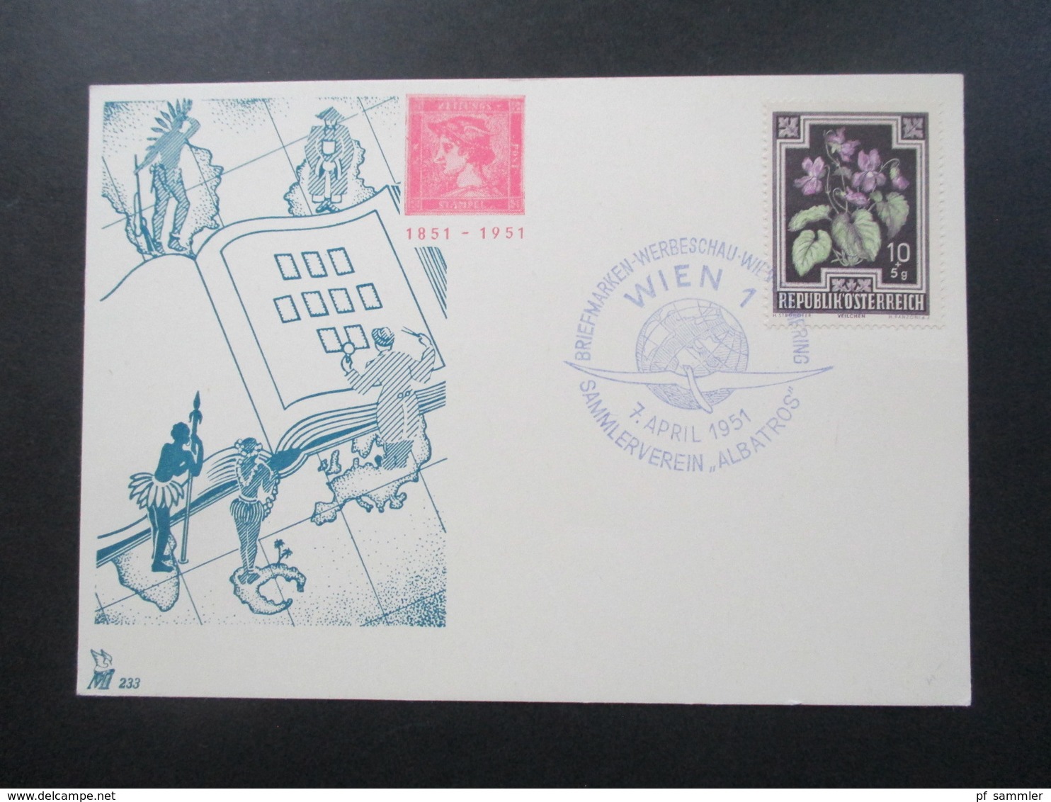 Österreich 1951 Sonderkarte Mit Sonderstempel Briefmarken Werbeschau Wien Sammlerverein Albatros. Roter Merkur - Briefe U. Dokumente