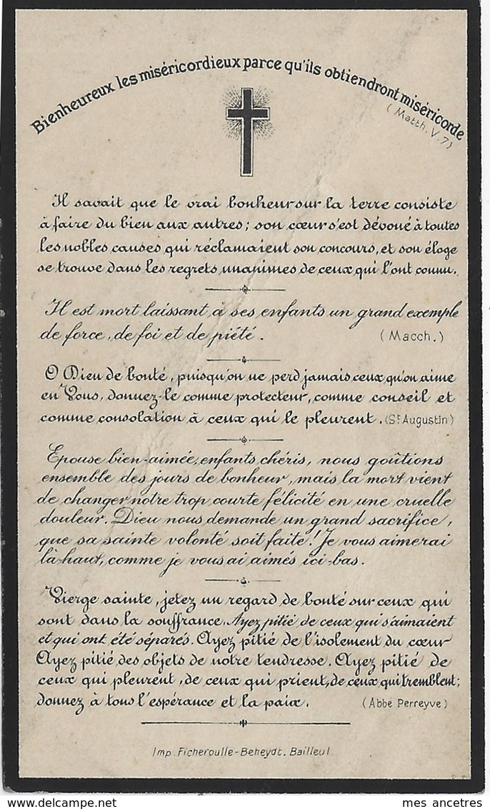 Faire-part De Décès 1909-Bailleul (59) Photo-Pierre LOTTHE Ep Esther LECLERCQ Adjoint Au  Maire - Décès