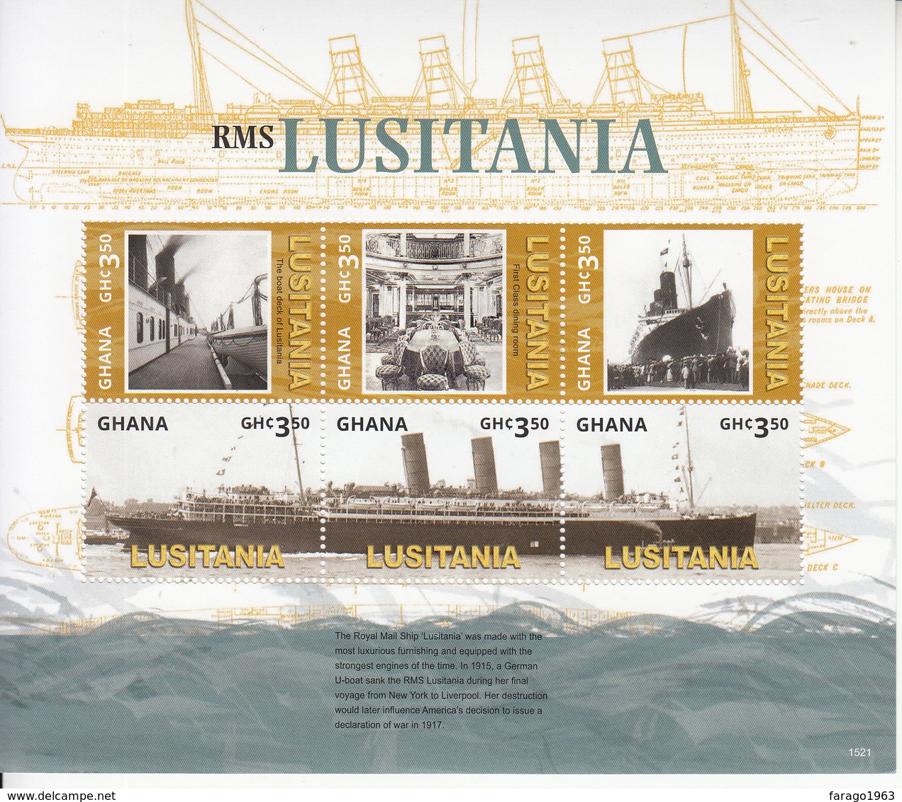 2015 Ghana RMS Luisitania WWI Submarine USA Enters War Miniature Sheet Of 6 MNH - Ghana (1957-...)