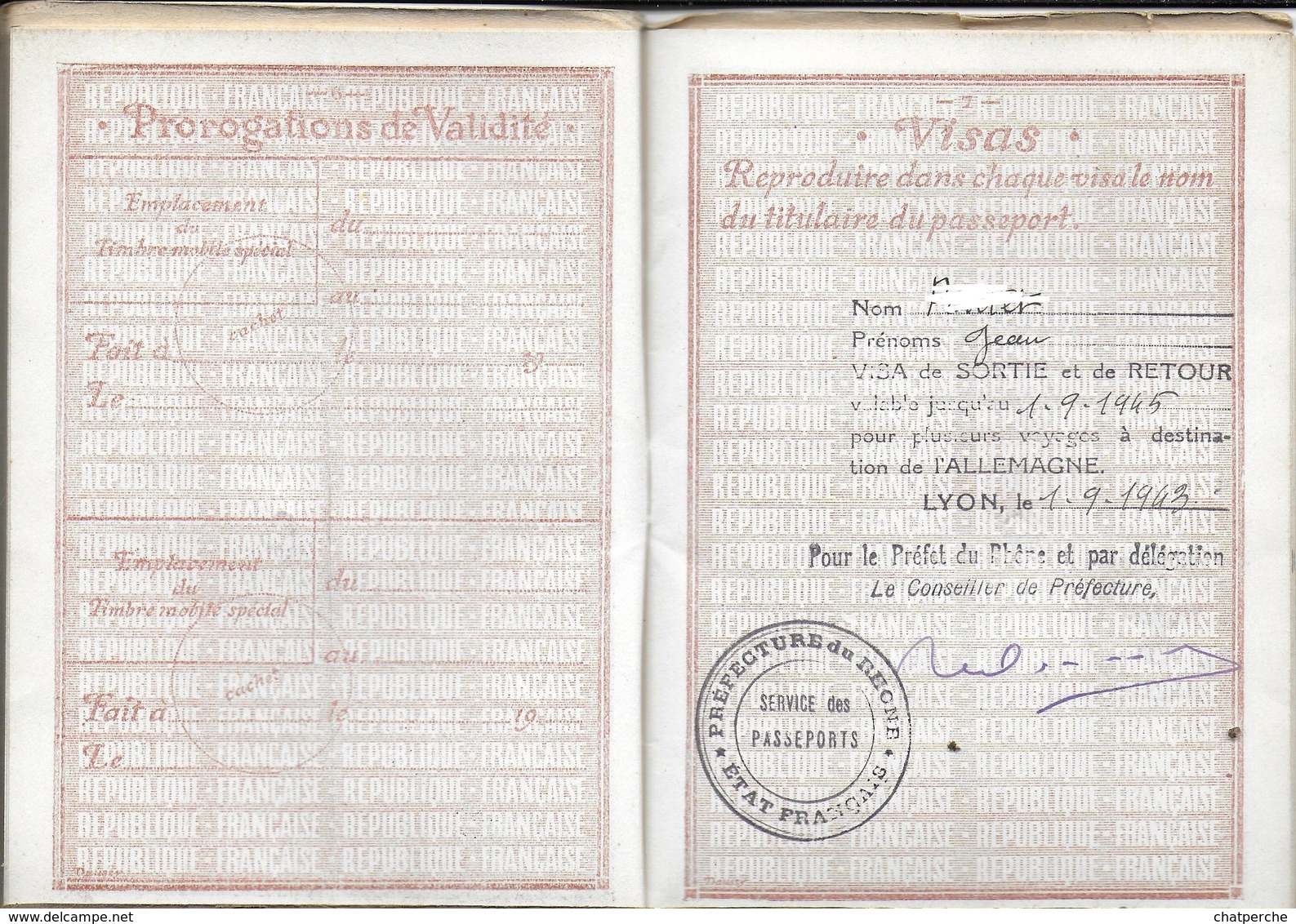 DOCUMENT PASSEPORT FRANÇAIS DÉLIVRE EN 1943 PAR PRÉFECTURE RHONE  TIMBRE FISCAL GRATUIT CACHET NAZI POUR ALLEMAGNE STO ?