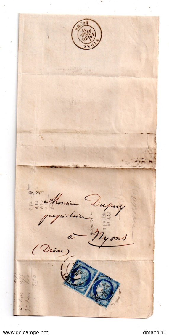 Lettre Avec Timbre 25 Centimes Cérès Et Oblitération - Voir état - 1849-1876: Période Classique