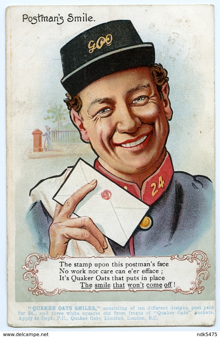 ADVERTISING : QUAKER OATS SMILES - POSTMAN'S SMILE / ADDRESS - GATESHEAD, COOPER STREET (POSTMEN) - Advertising