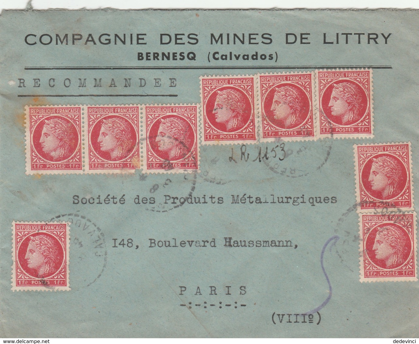 Lettre Reco Provisoire 9x1F Mazelin Du 46 Bernesq - 1921-1960: Période Moderne