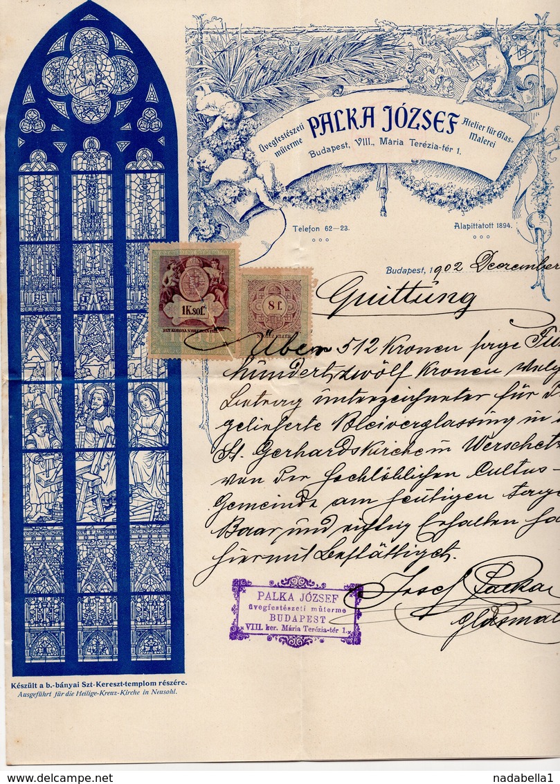 1902 AUSTRO HUNGARIAN EMPIRE, HUNGARY, BUDAPEST, INVOICE, PALKA JOZSEF, STAIN GLASS MAKERS,2 REVENUE STAMPS - Austria