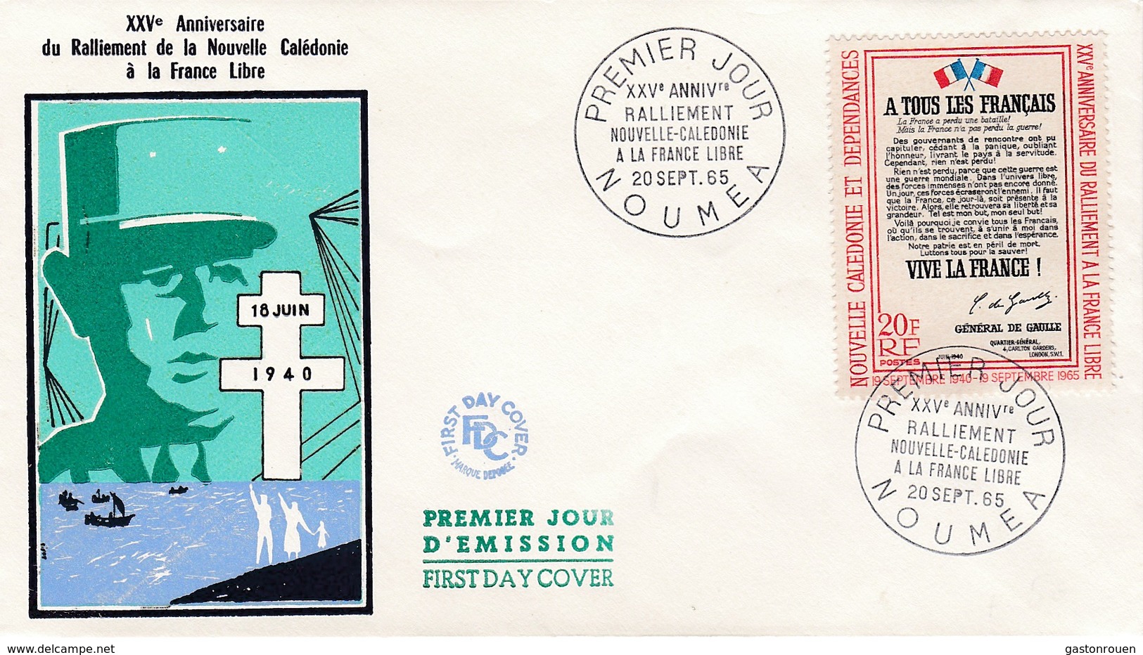 FDC PREMIER JOUR 326 De Gaulle Appel Du 18 Juin 1940 20-09-1965 Nouvelle-Calédonie - FDC