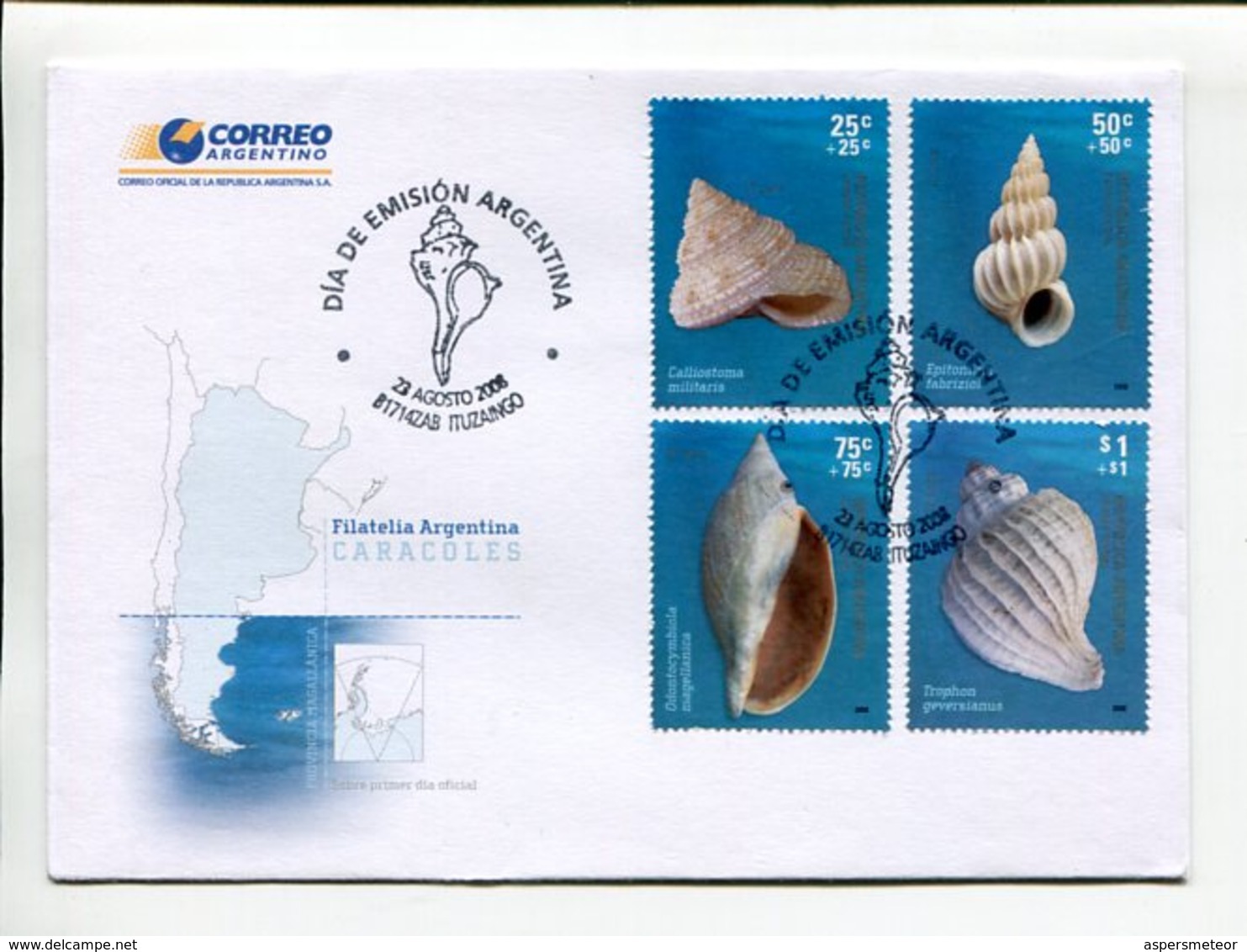 CARACOLAS, SHELLS, COQUILLE. ARGENTINA 2008, SOBRE PRIMER DIA, ENVELOPE FDC -LILHU - Coquillages