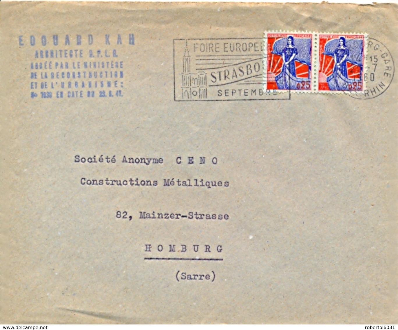 France 1960 Cover To Germany Saar Sarre With 2 X 25 Fr. Marianne Sur Le Bateau - Storia Postale