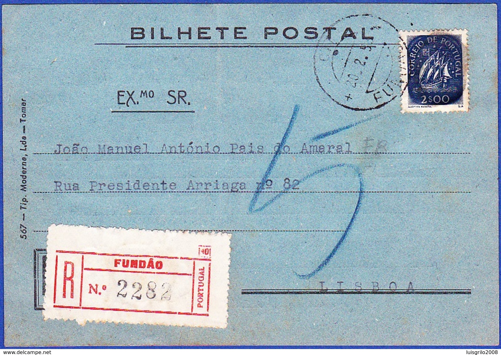 Postcard - Fundão To Lisbon - Postmatk Fundão + Registered Fundão, 1958 - Label Registered - Briefe U. Dokumente