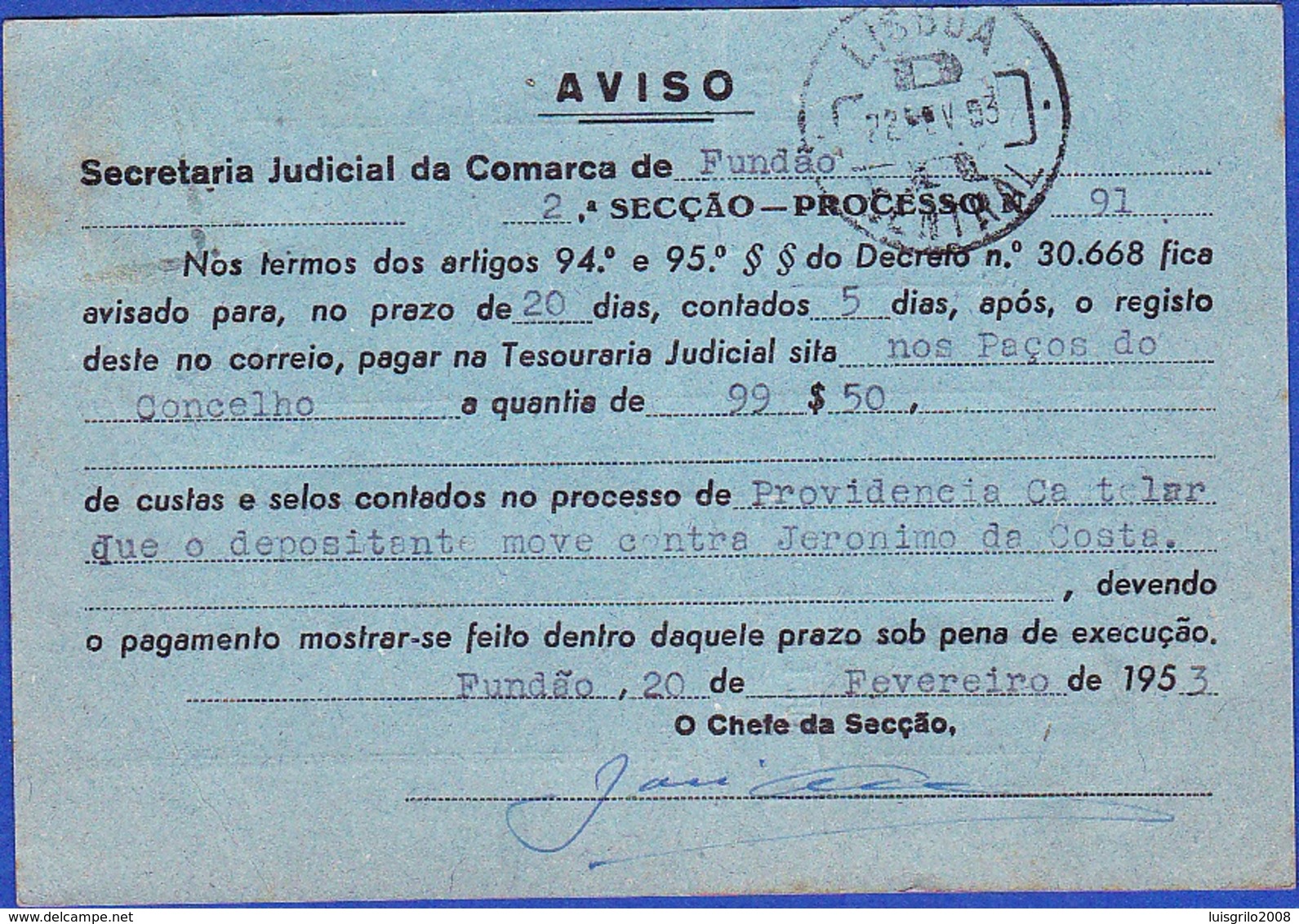 Postcard - Fundão To Lisbon - Postmatk Fundão + Registered Fundão, 1958 - Label Registered - Briefe U. Dokumente