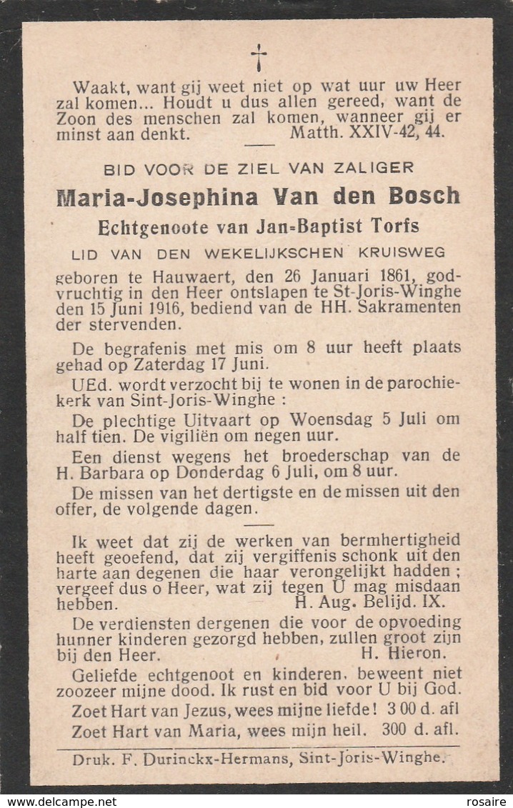 Maria Josephina  Van Den Bosch-hauwaert 1861 -st-joris-winghe 1916 - Imágenes Religiosas
