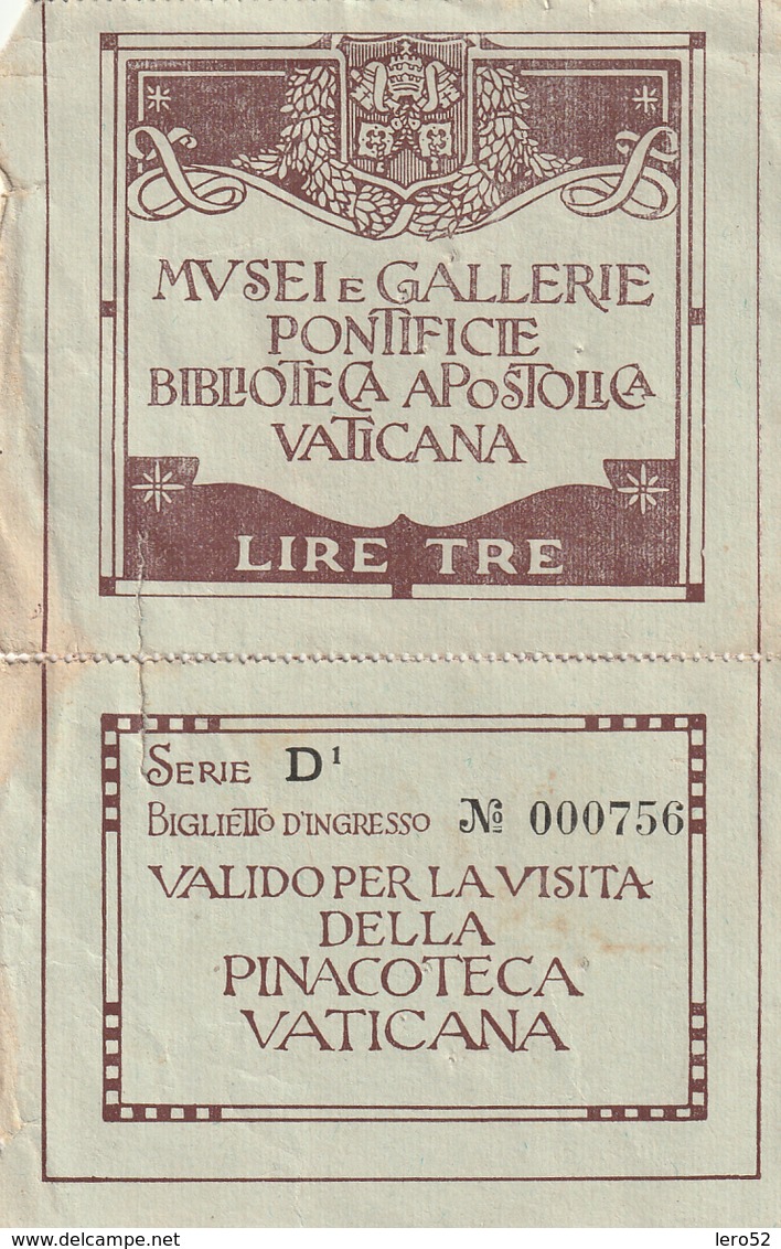 VECCHIO BIGLIETTO INGRESSO MUSEI E GALLERIE PONTIFICIE BIBLIOTECA E PINACOTECA VATICANA LIRE 3 - Tickets - Entradas