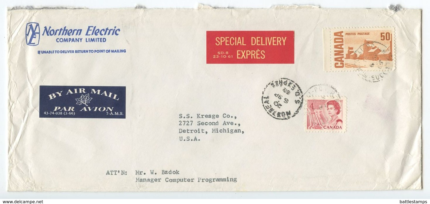 Canada 1968 Airmail Special Delivery Cover Montreal To Detroit MI, Scott 457 & 465A - Covers & Documents