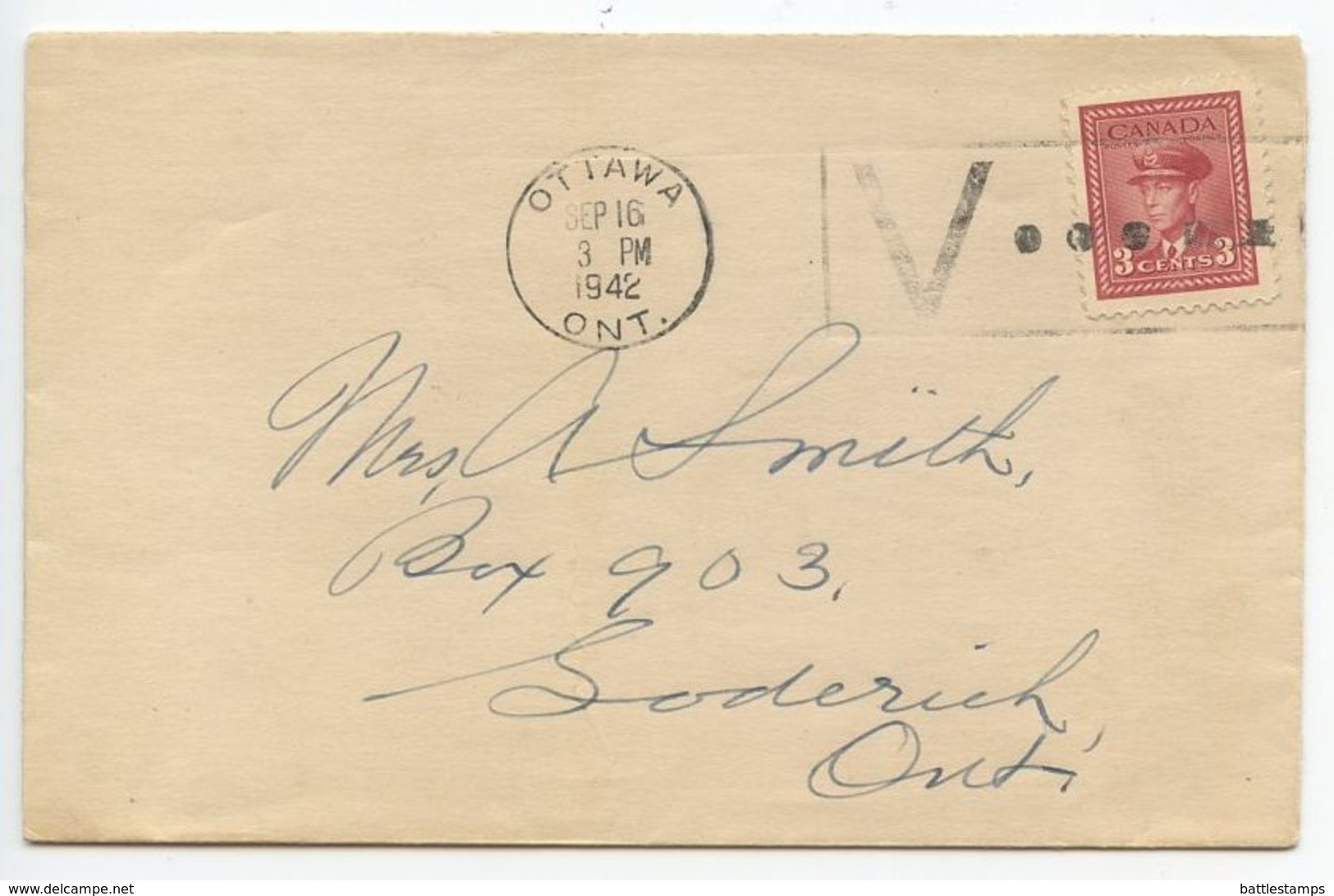 Canada 1942 Cover Ottawa To Goderich, Ontario, V Slogan Cancel - Covers & Documents