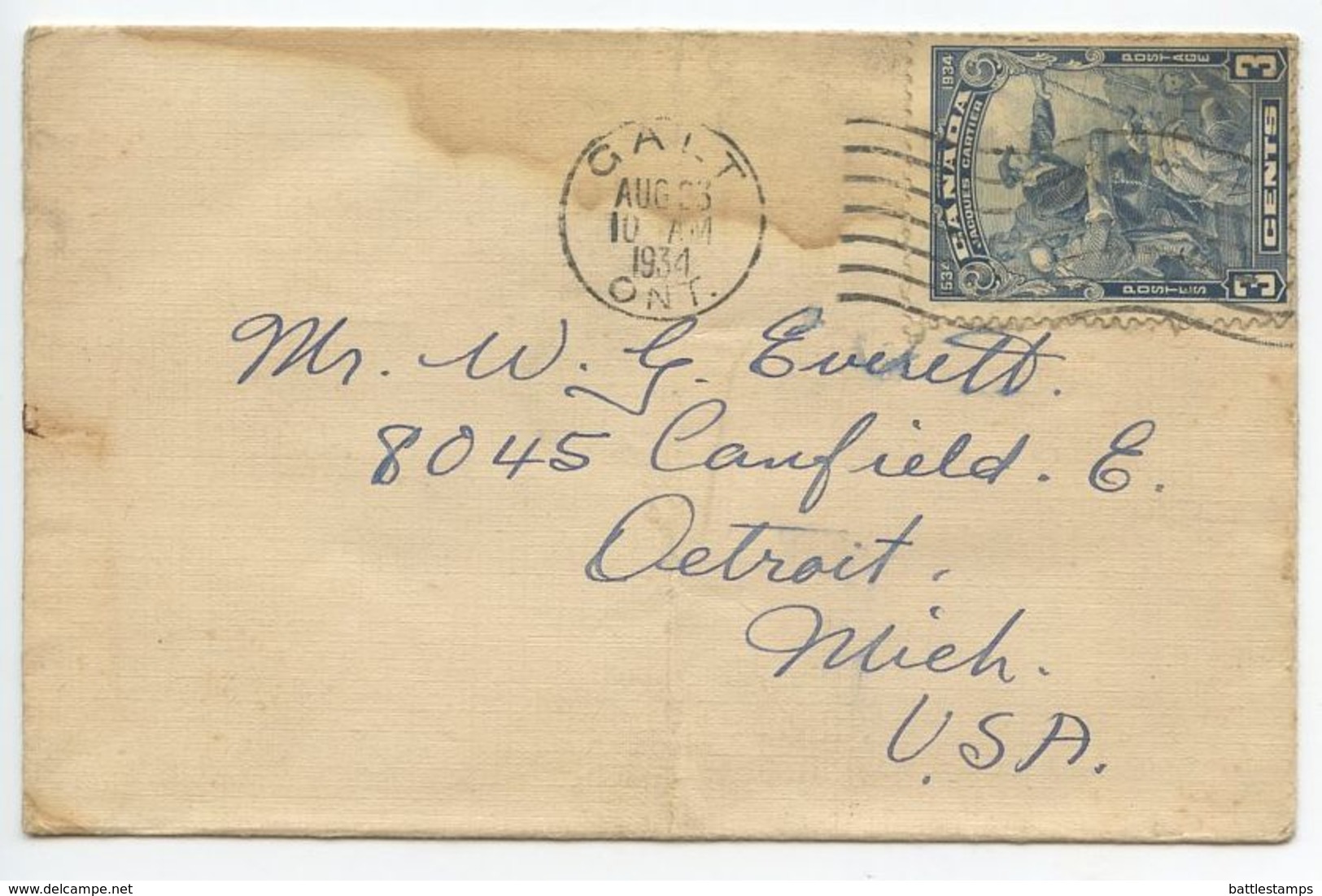 Canada 1934 Cover Galt Ontario To Detroit Michigan, Scott 208 Landing Of Jacques Cartier - Covers & Documents