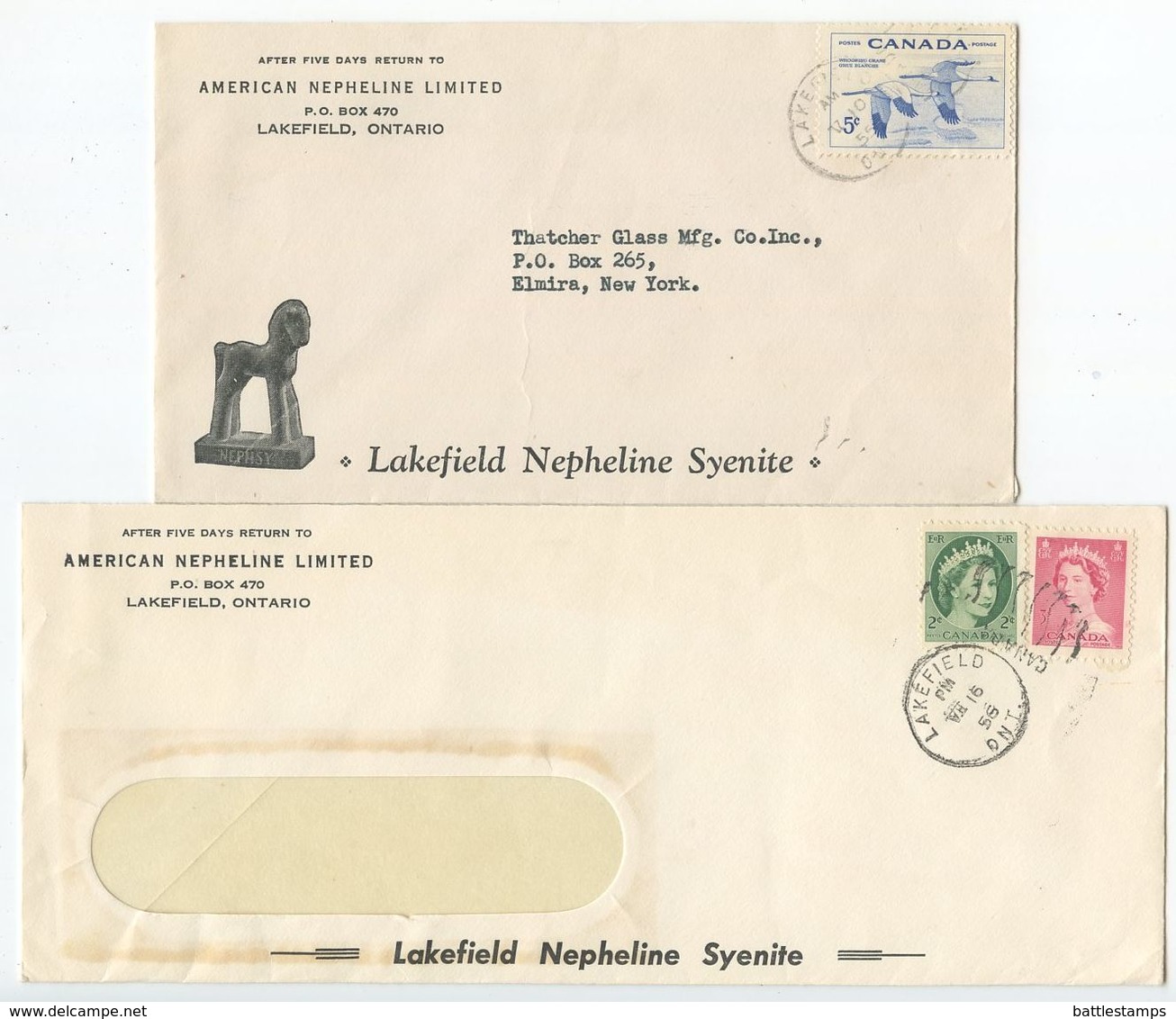 Canada 1955-56 2 Covers Lakefield Ontario To Elmira New York, Duplex Postmarks - Covers & Documents