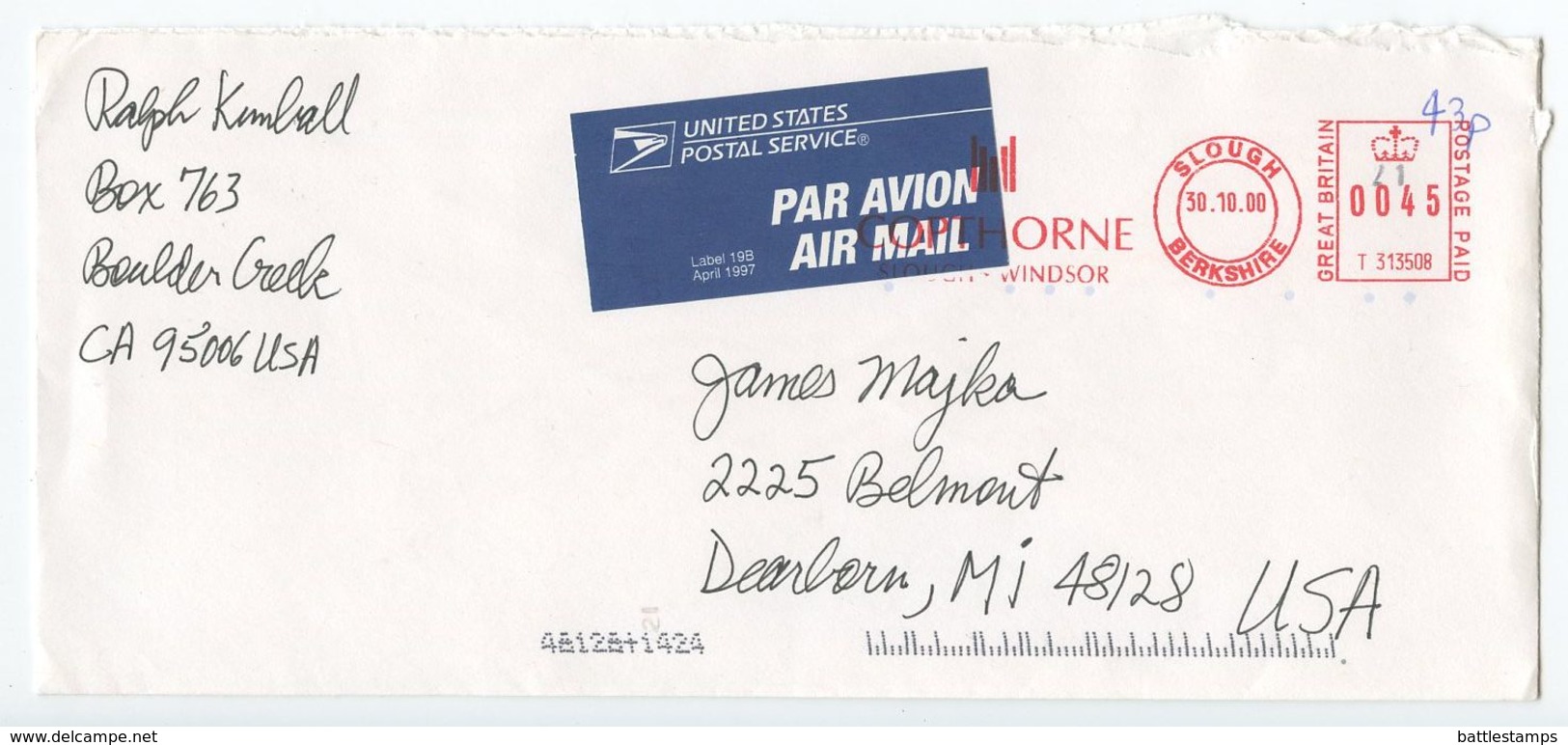 Great Britain 2000 Airmail Cover Slough, Berkshire To Dearborn Michigan, Meter - Covers & Documents