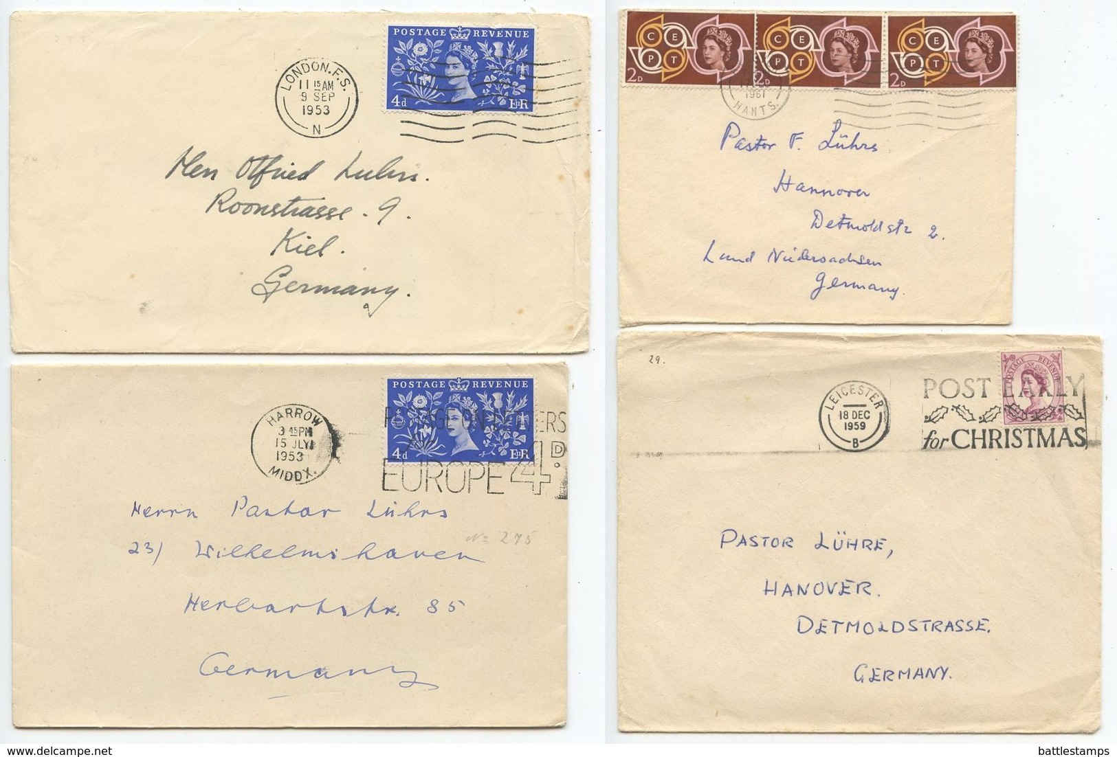 Great Britain 1953-61 4 Covers To Germany, Mix Of Postmarks And Stamps - Covers & Documents