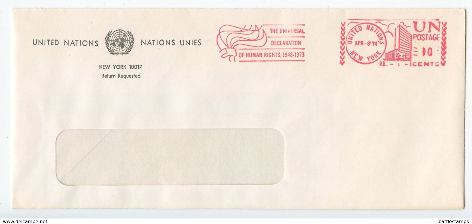United Nations - New York 1974 Cover W/ Pitney Bowes 10c. Meter - Brieven En Documenten