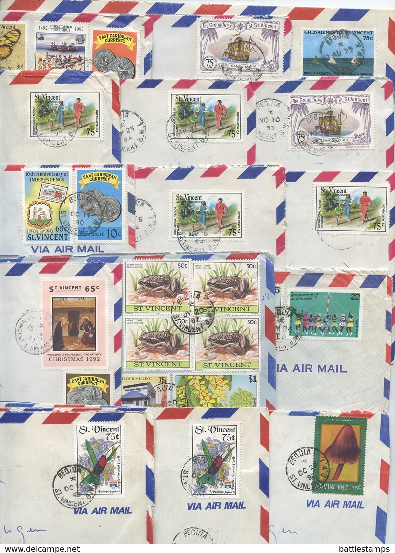 St. Vincent 1990‘s 15 Airmail Covers Beguia To Stuttgart Germany, Mix Of Stamps - St.Vincent (1979-...)