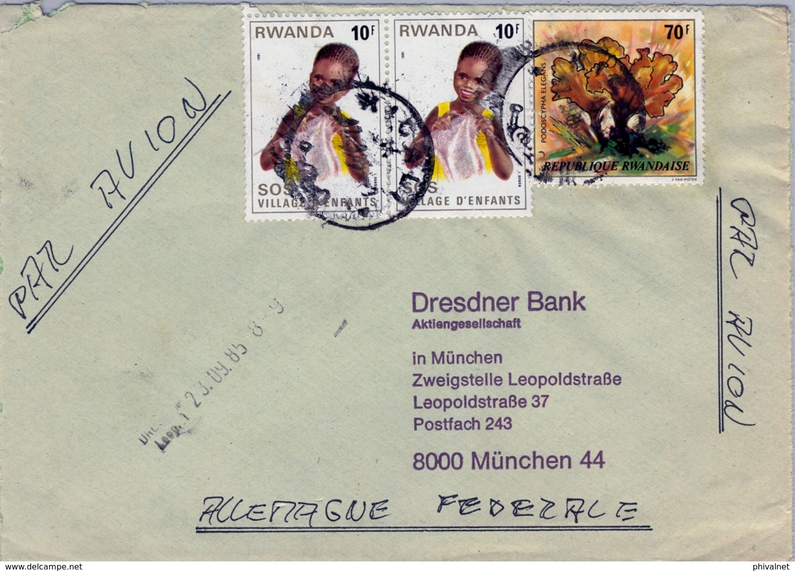 1985 , RWANDA , SOBRE CIRCULADO , KIGALI - MÜNICH , CORREO AÉREO , FR. SOS VILLAGE D'ENFANTS - Otros & Sin Clasificación