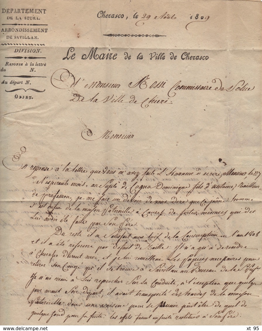 Cherasco - 105 - 1809 - Mairie De Cherasco Pour Le Commissaire De Police De Chieri - Departement Conquis De La Stura - 1792-1815: Départements Conquis
