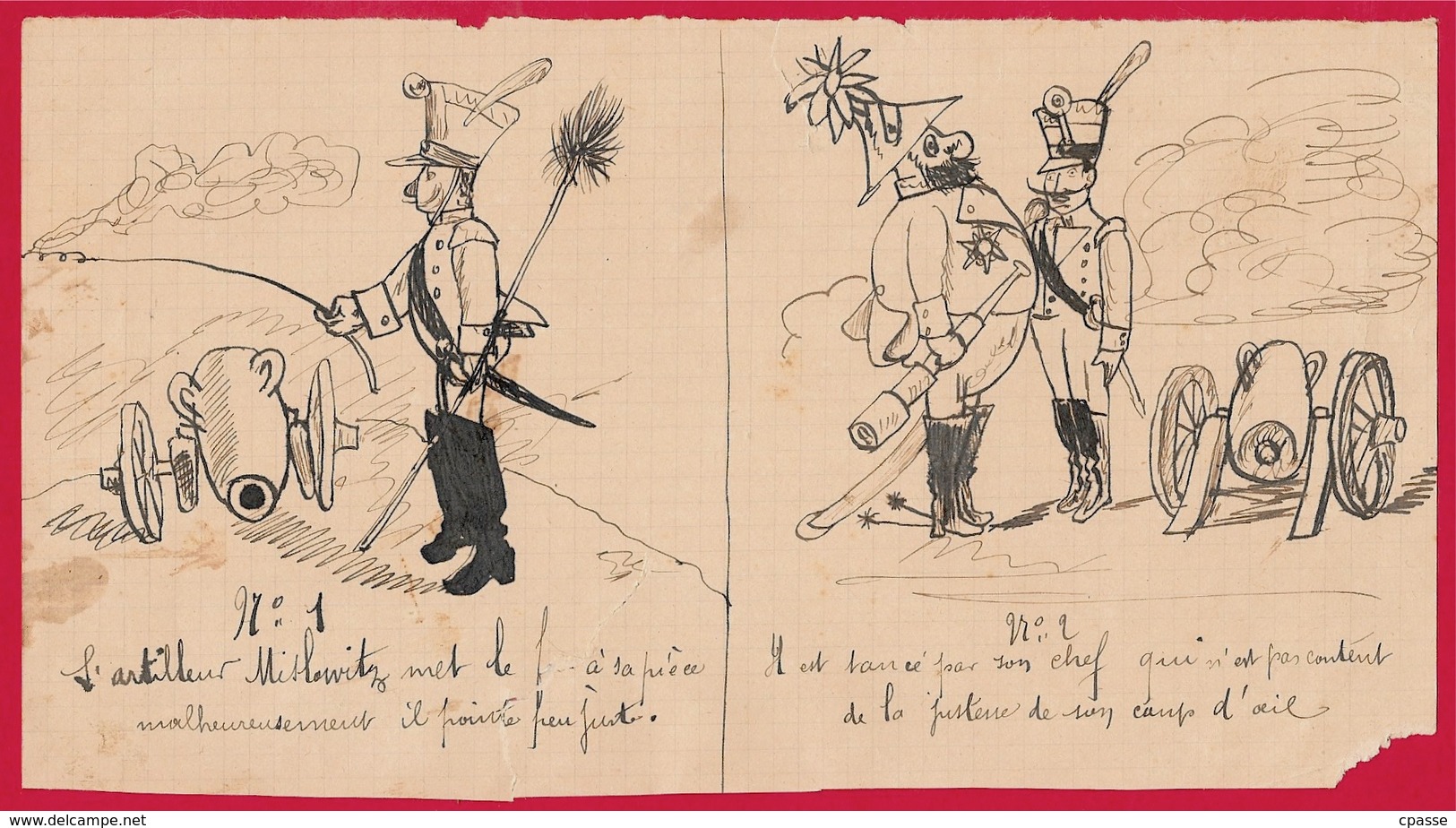 En l'état Dessin d'Amateur en 4 figures - Un Artilleur ** Humour Naïf Militaire Militaria Artillerie Canon