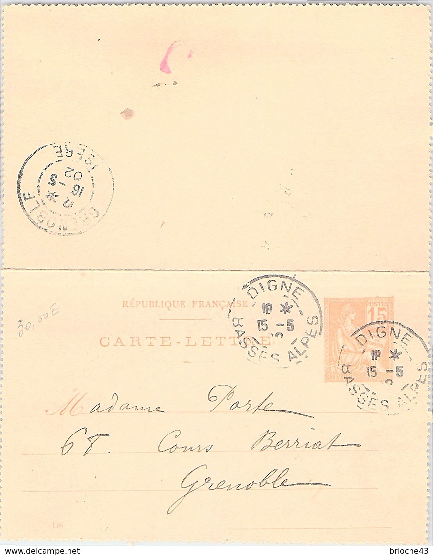 FRANCE - CARTE LETTRE DIGNE BASSES ALPES 15.5.02 POUR GRENOBLE     /1 - Tarjetas Cartas