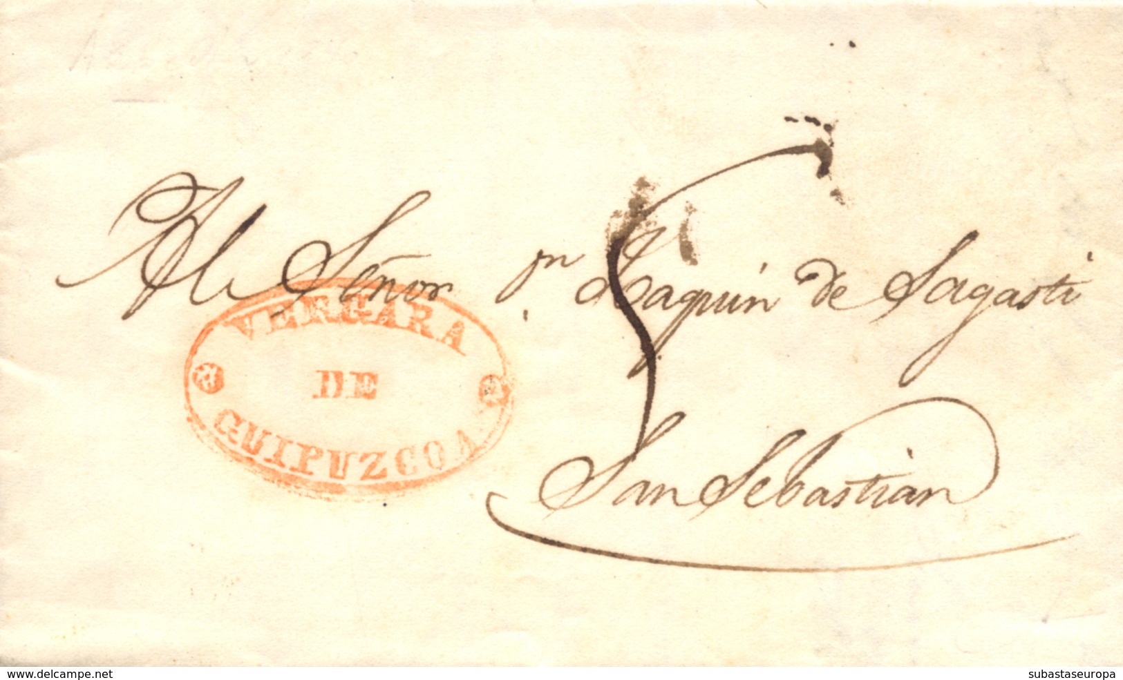 D.P. 10. 1840. Carta De Azpeitía A San Sebastián. Marca De Vergara En Rojo. Muy Rara. - ...-1850 Prefilatelia
