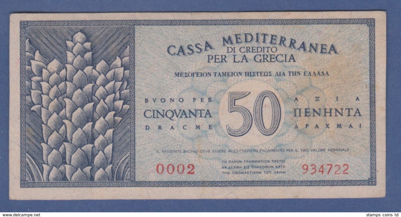 Banknote Italien 1941 Cassa Mediterranea Di Credito Per La Grecia 50 Drachmen - Other & Unclassified