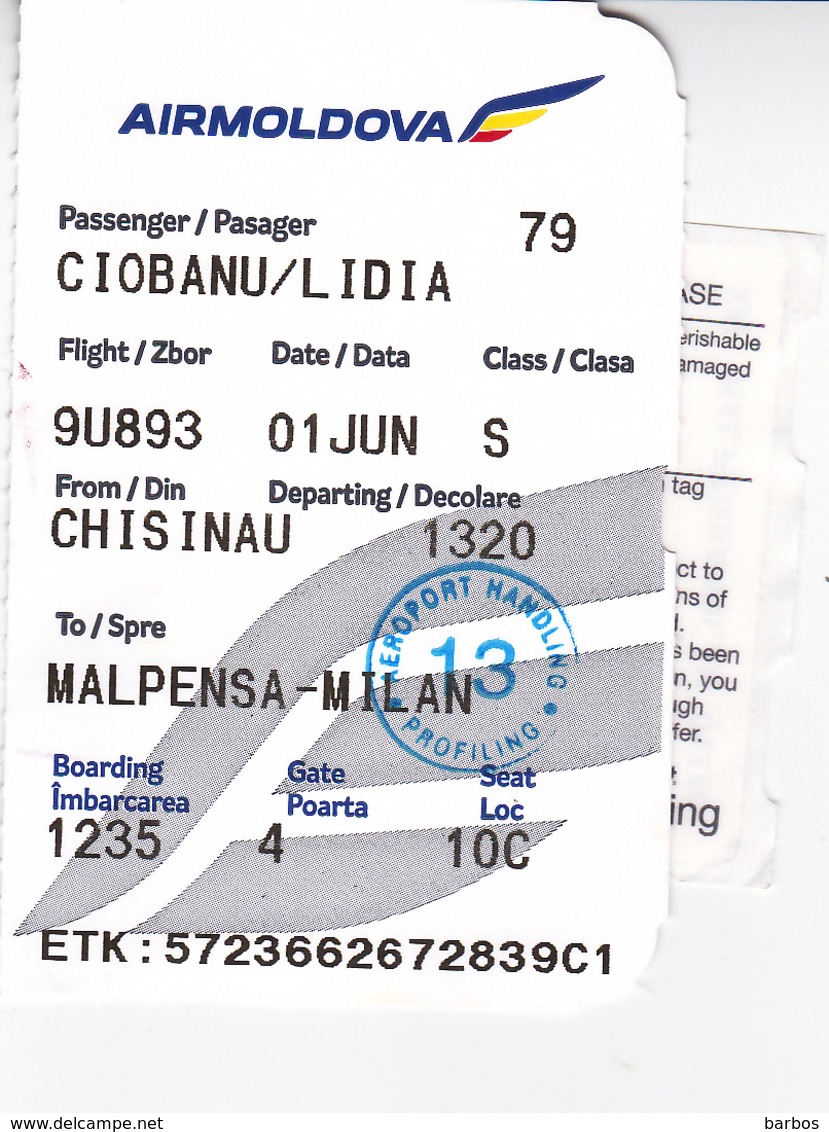 2019  , Avion Ticket , AirMoldova , Boarding Pass.,Chisinau  To Milano , Malpensa , Used - Europe