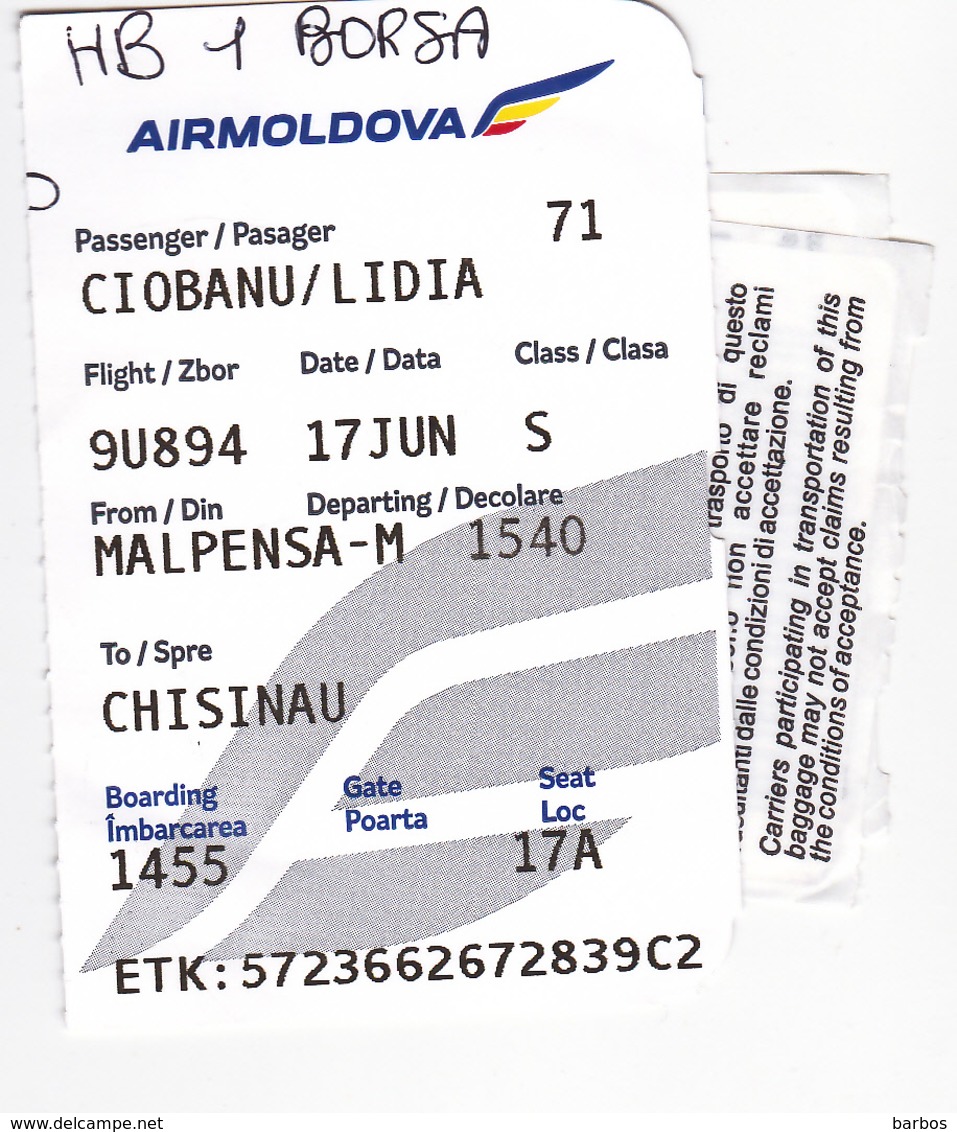 2019  , Avion Ticket , AirMoldova , Boarding Pass., Milano To Chisinau  , Malpensa , Used - Europe