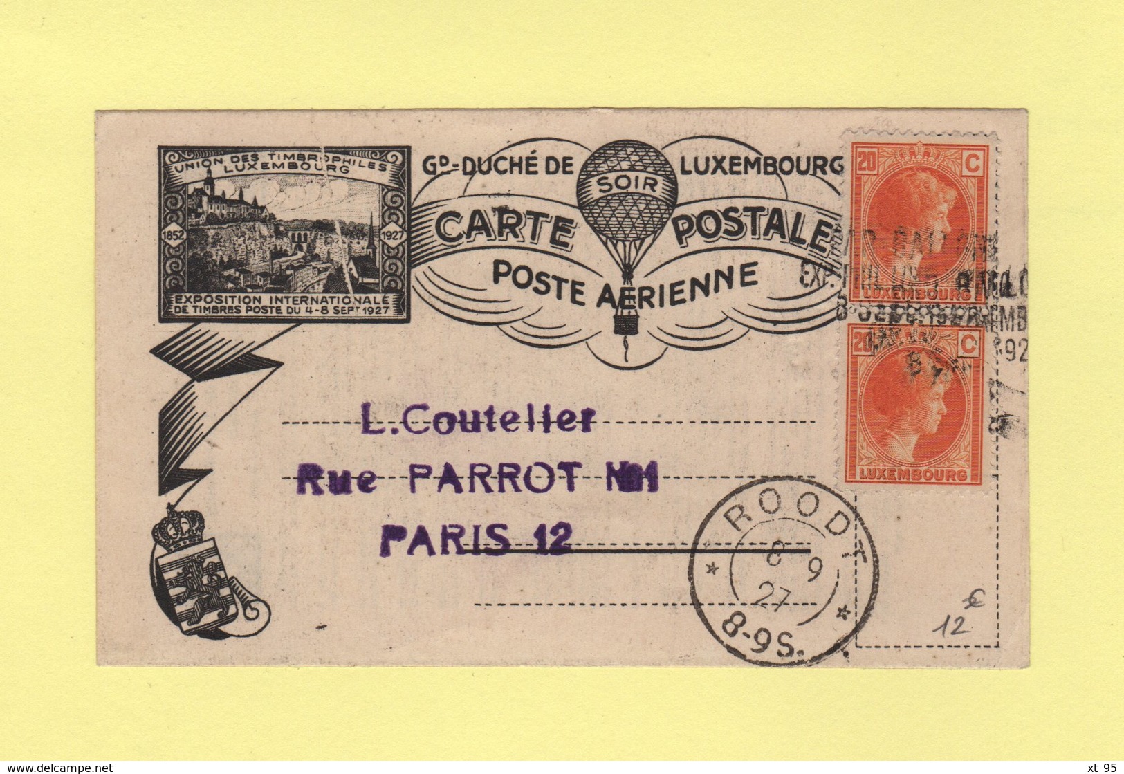 Luxembourg - Carte Postale Par Ballon Destination Paris - Roodt 8-9-1927 - Brieven En Documenten