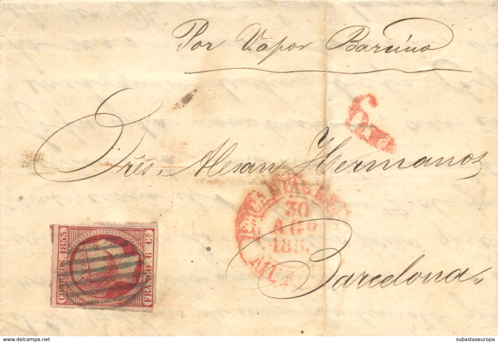 Ø 17 En Carta De Cartagena A Barcelona, El 28 AGO 1853. Manuscrito "Vapor Barcino". - Covers & Documents