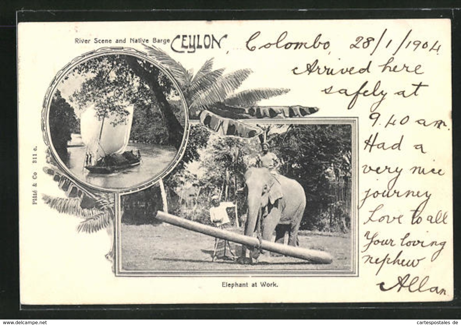 AK Ceylon, River Scene And Native Barge, Elephant At Work, Arbeitselefant - Elefanten