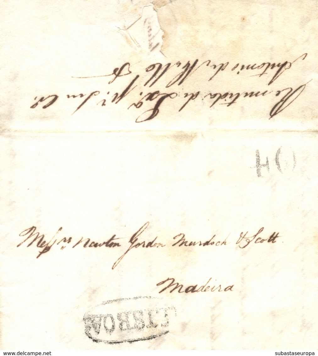 BRASIL. 1817 (20 OCT). Carta De Bahía A Madeira. Marca "LISBOA" En Negro. Al Dorso Encaminador De Lisboa. Porteo 40 Reis - Vorphilatelie