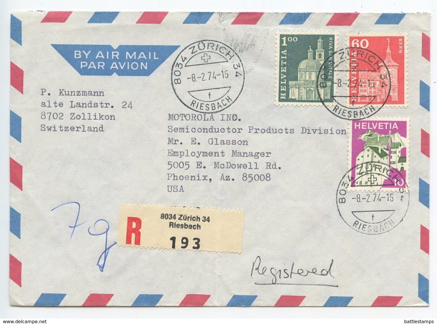 Switzerland 1974 Registered Airmail Cover Riesbach, Zürich To Phoenix, Arizona - Covers & Documents