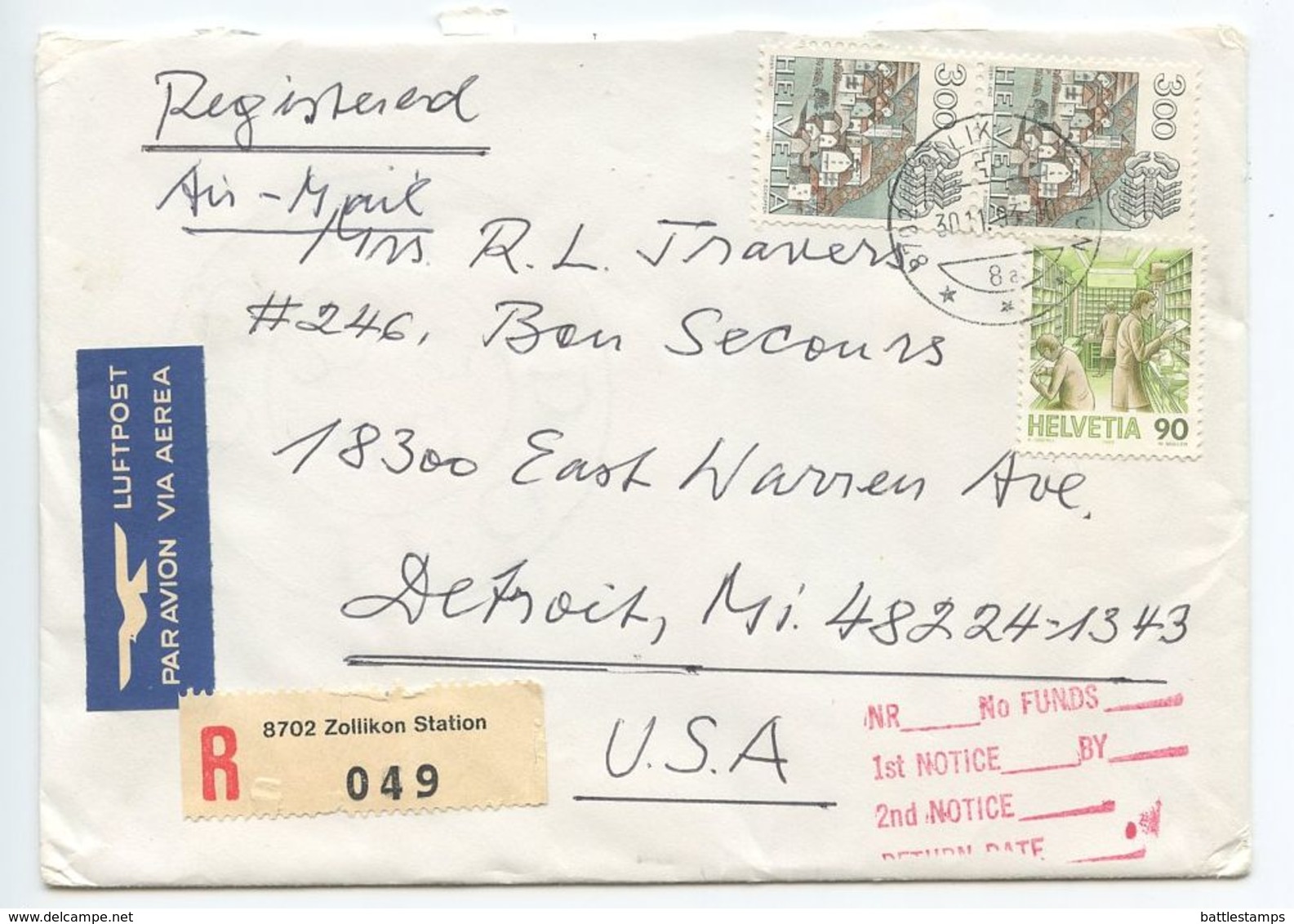 Switzerland 1993 Registered Airmail Cover Zollikon Station, Zürich To Detroit, Michigan - Covers & Documents