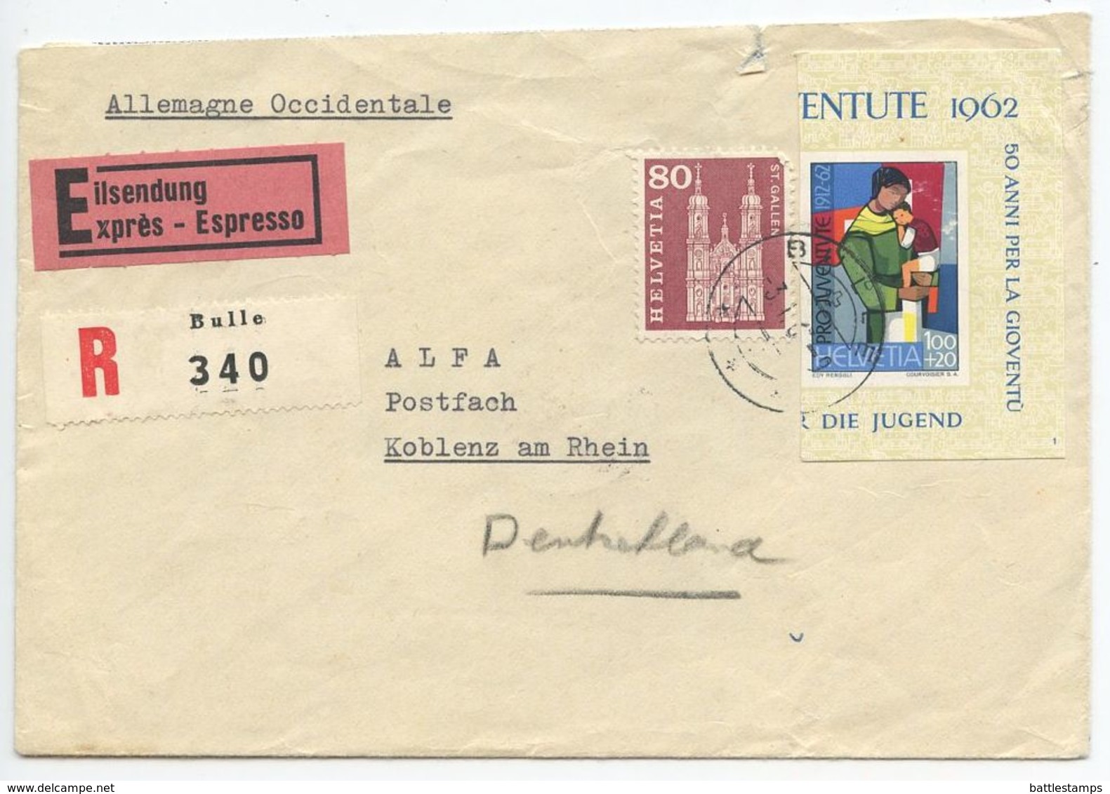 Switzerland 1963 Registered Special Delivery Cover Bulle To Koblenz Am Rhein, Germany - Covers & Documents