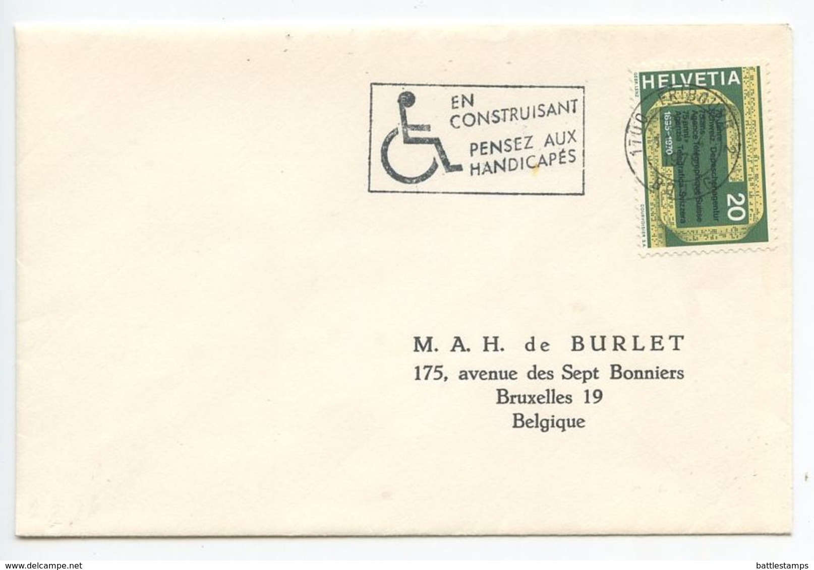 Switzerland 1976 Cover Fribourg To Bruxelles, Belgium W/ Handicapped Slogan Cancel - Covers & Documents