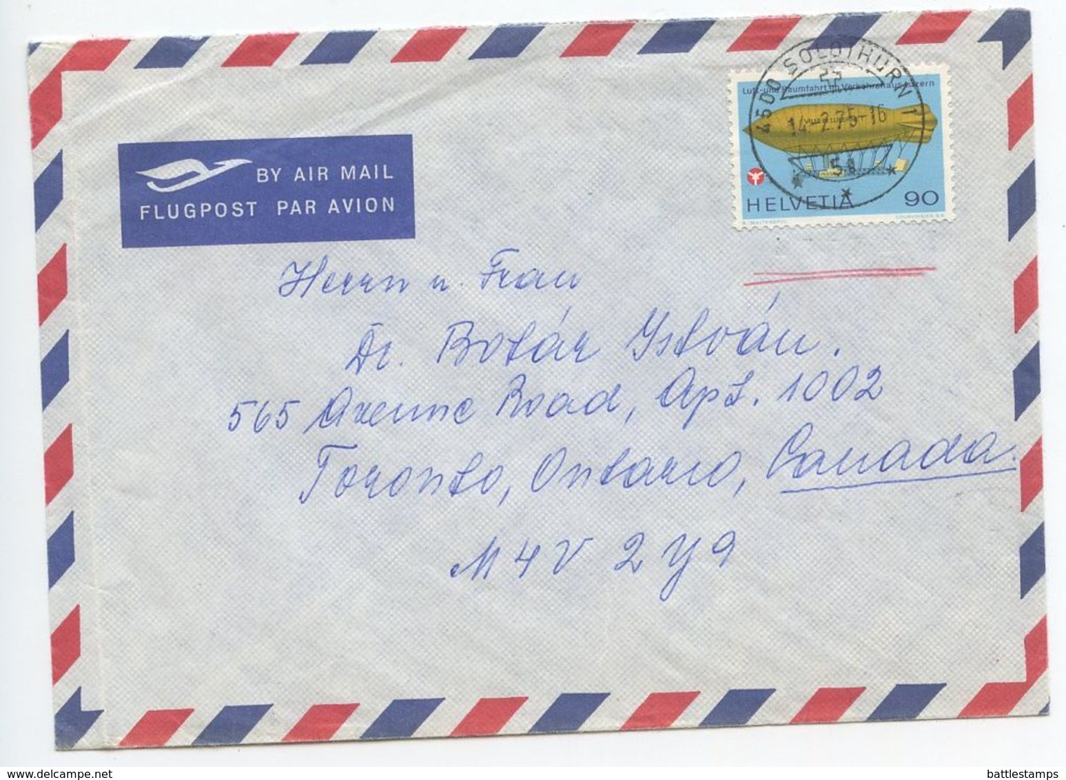 Switzerland 1975 Airmail Cover Solothurn To Canada, Scott 602 Airship - Covers & Documents