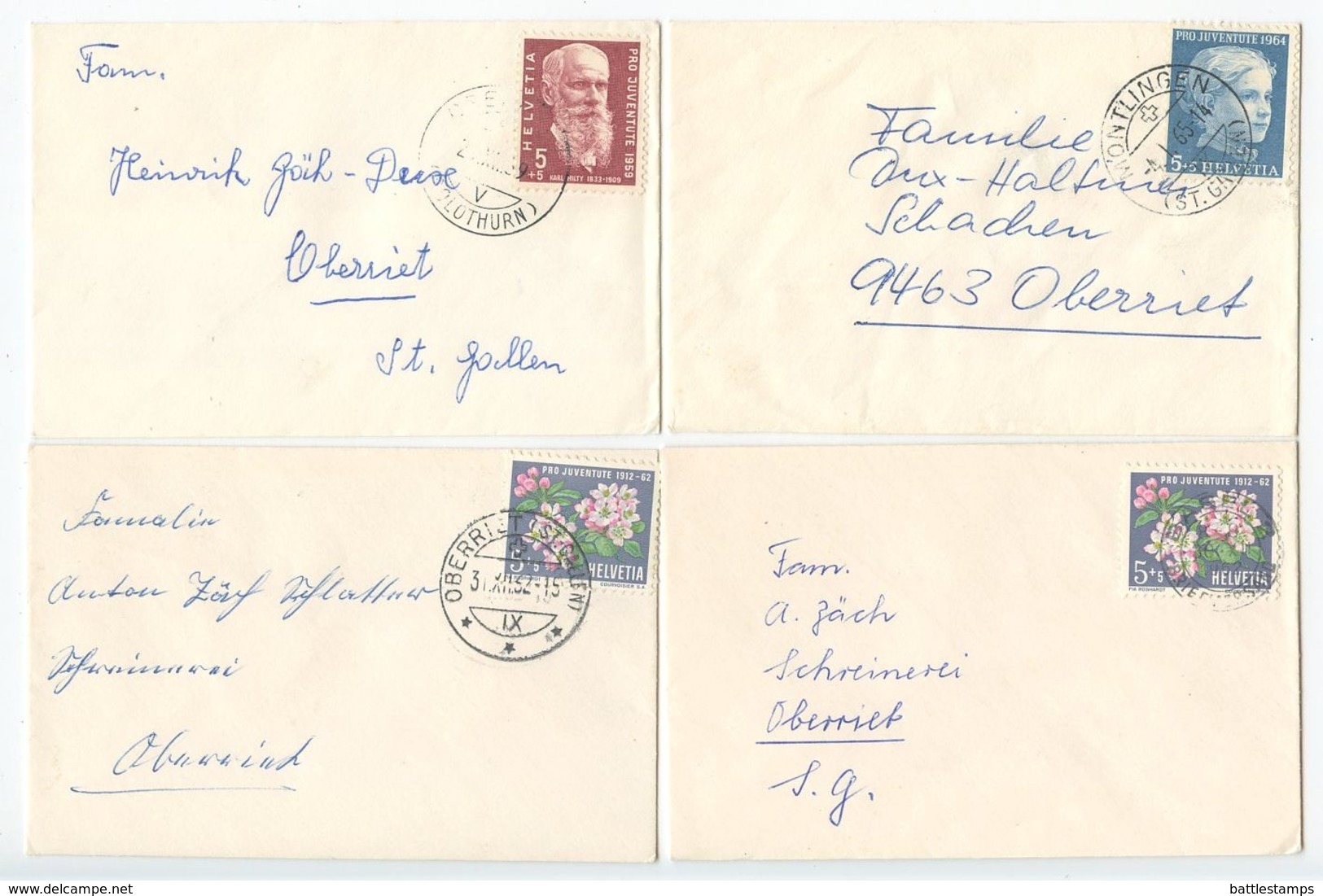Switzerland 1959-65 4 Small Domestic Covers Oberriet, Montlingen And Basel - Covers & Documents