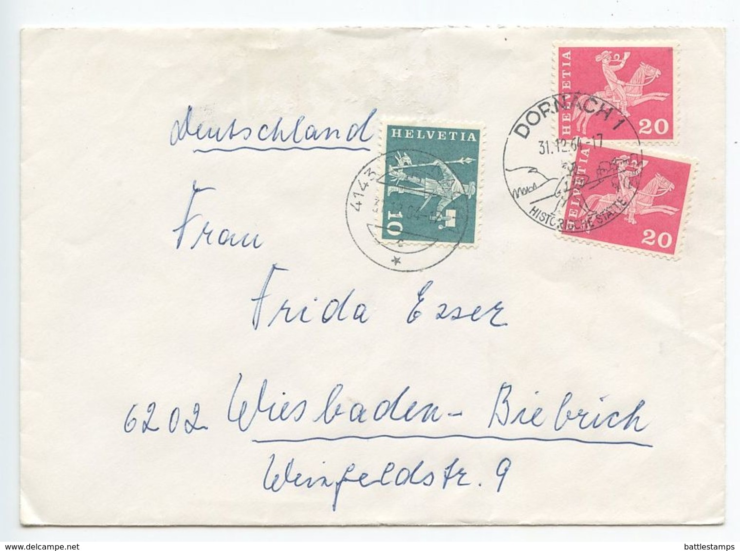 Switzerland 1964 Cover Dornach To Wiesbaden-Biebrich, Germany, Pictorial Pmk - Covers & Documents