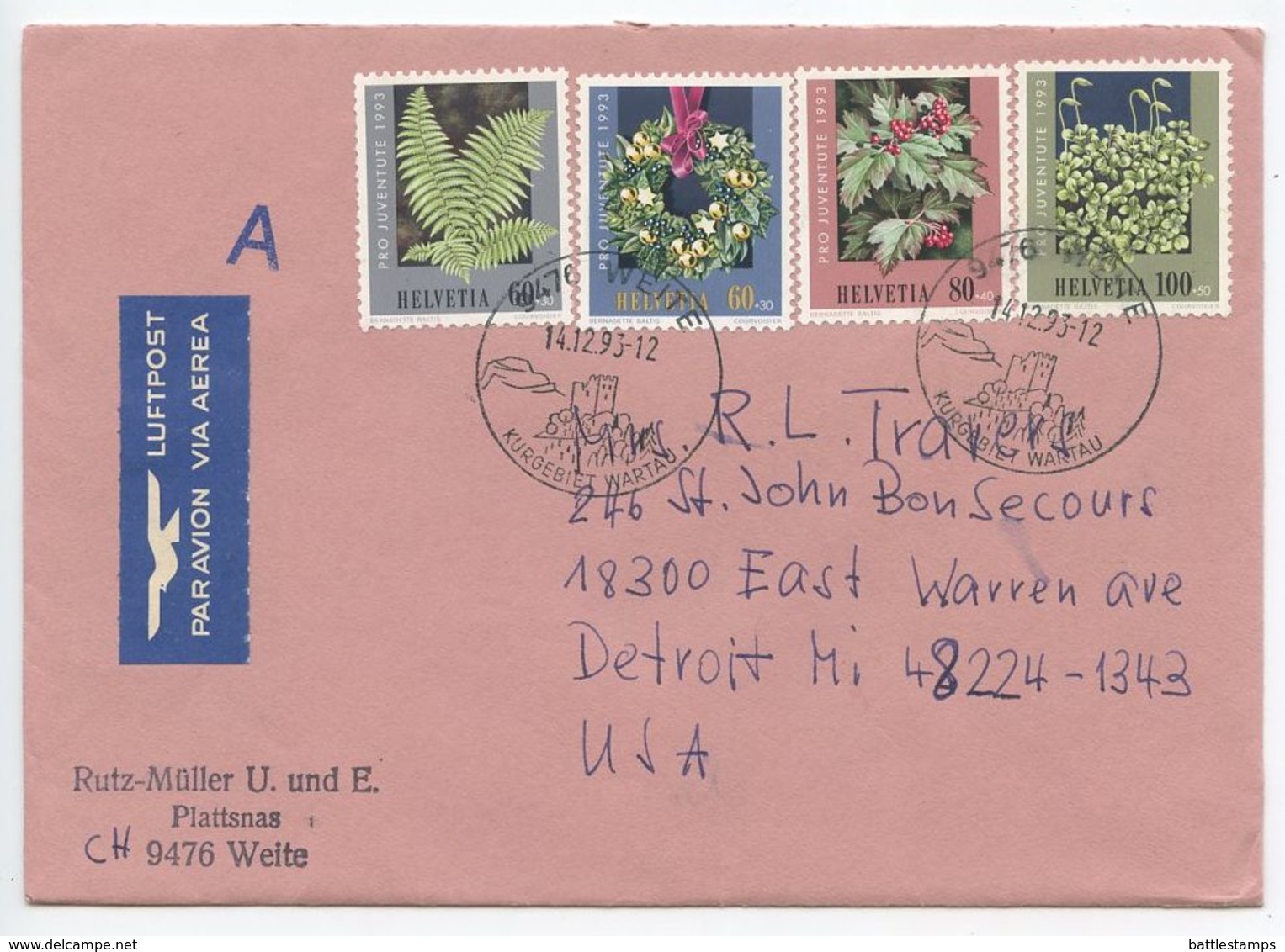 Switzerland 1993 Airmail Cover Weite To Detroit Michigan, Scott B591-B594 Plants - Covers & Documents